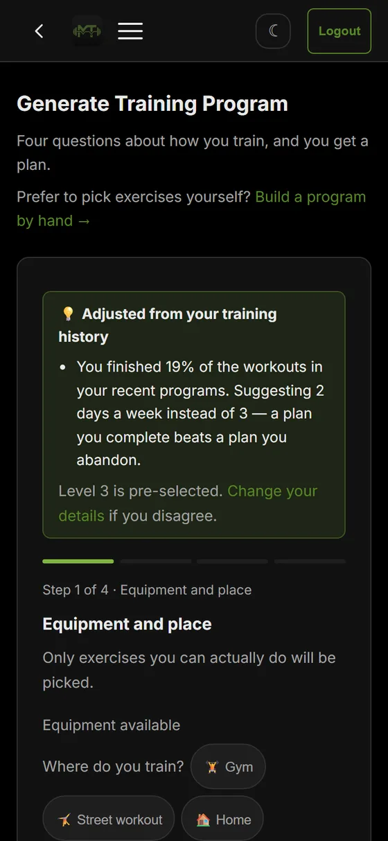 The program wizard: equipment, muscles, program type and schedule, four steps in all.