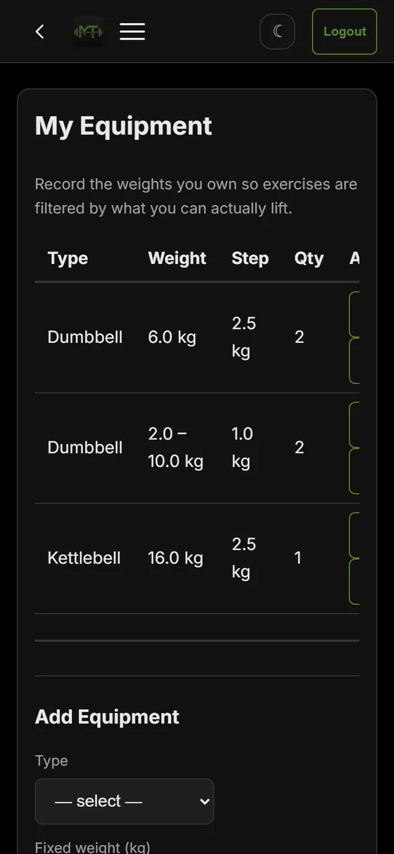 The equipment page, where you pick the gear you can actually train with.