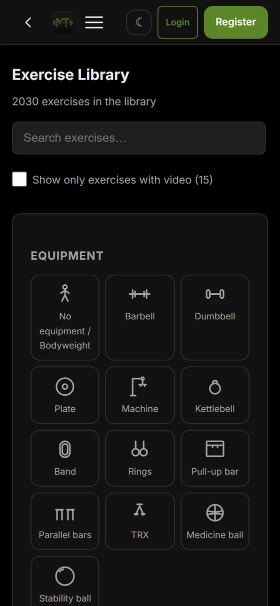 The exercise library with a search box, a video filter and equipment filters.