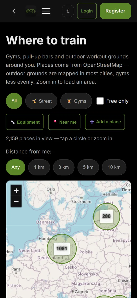 The map of places to train, with filters for street grounds, gyms and equipment.