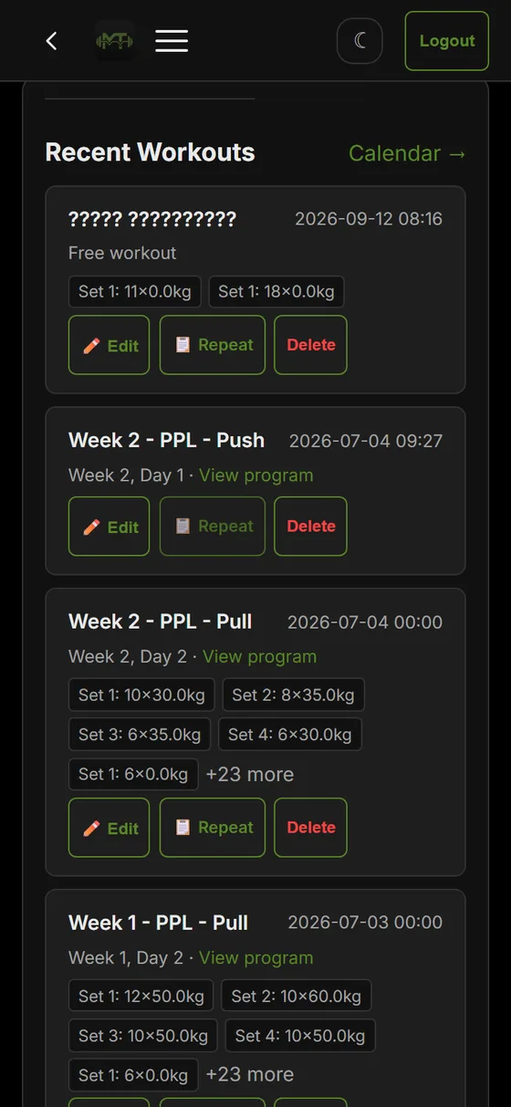 The journal: recent workouts with buttons to repeat, edit or delete them.